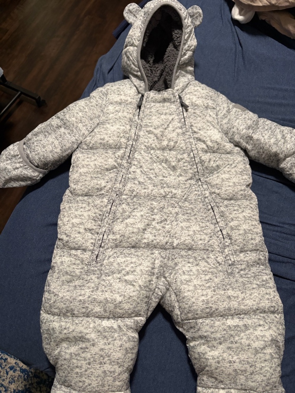 GAP Heather Gray Puffer One-Piece Snowsuit with Bear Ears